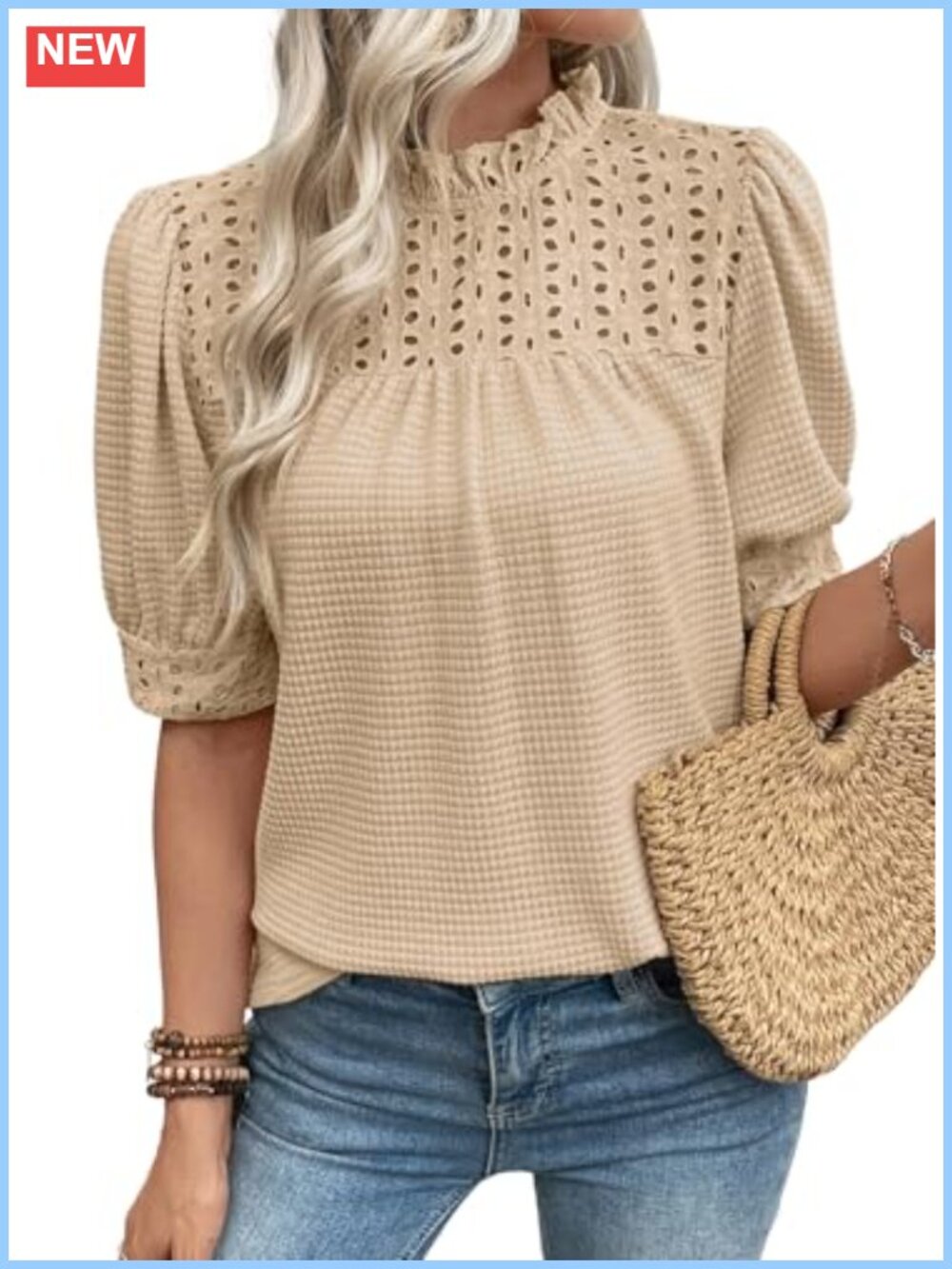 Waffle Knit Mock Neck Eyelet Blouse Ruffle Short Sleeve